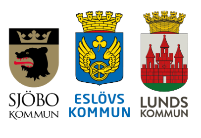 Logotyper för Lunds kommun, Eslövs kommun och Sjöbo kommun.